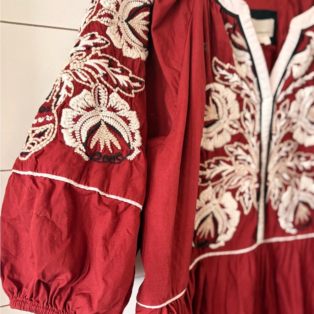 Anthropologie, Burgundy Embroidered Midi Dress - Picture 3 of 8